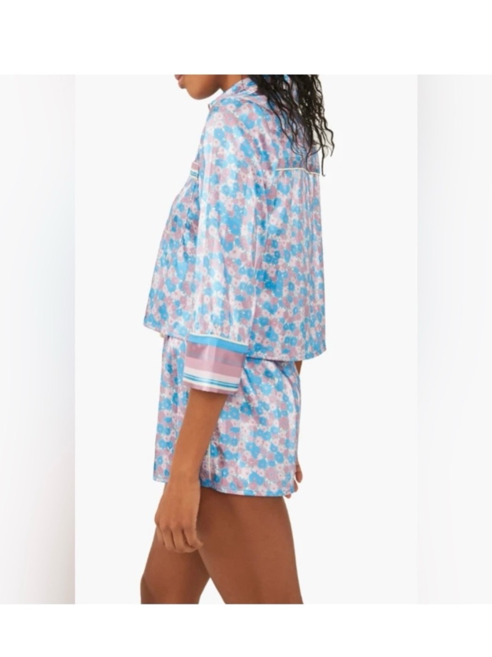 EUC Free people pillow talk Floral Blue & Pink Satin Sleep Shirt and Shorts Set - Picture 2 of 8